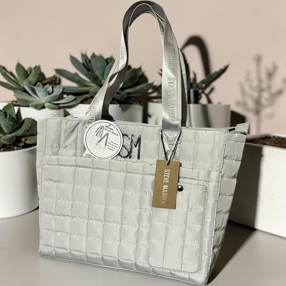 Steve Madden‎ Women's Blivia Nylon Tote Bag Grey Quilted 2-in-1 Crossbody Large